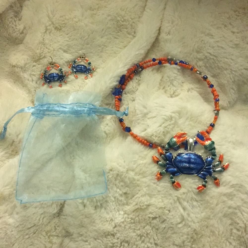 Blue crab necklace earring set